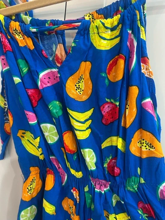 Blue Fruit-Print Mini Dress with Spaghetti Straps small beach vacation - Picture 3 of 3